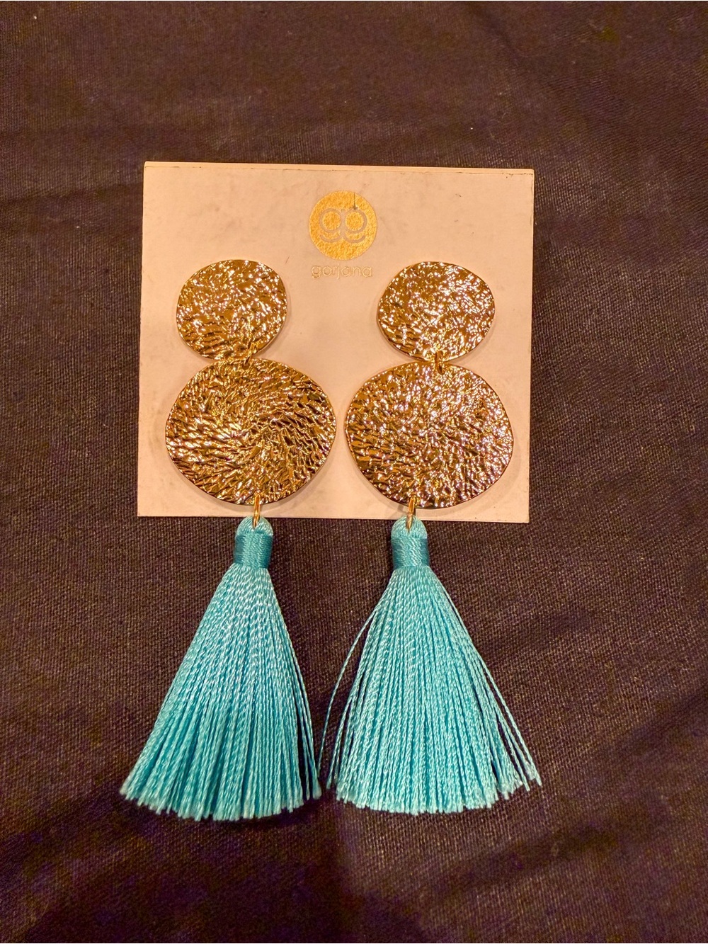 Gorjana Gold Tone Hammered Disc Blue Tassel Drop Dangle Earrings Statement